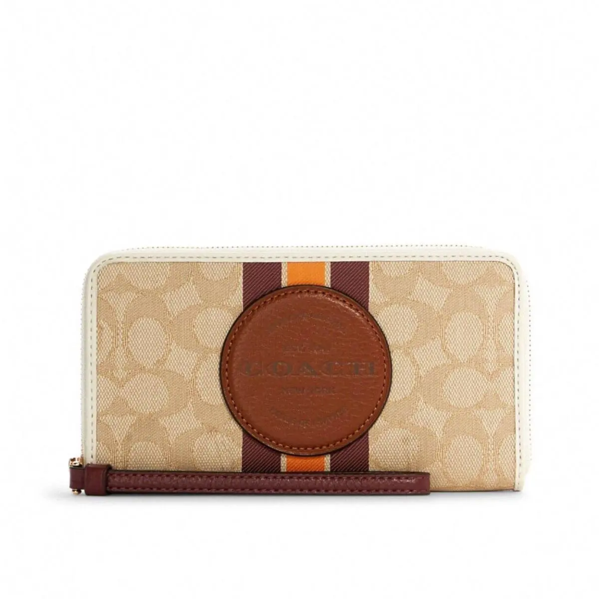 Coach Dempsey Large Phone Wallet In Signature Jacquard Khaki Wine Multi C4110