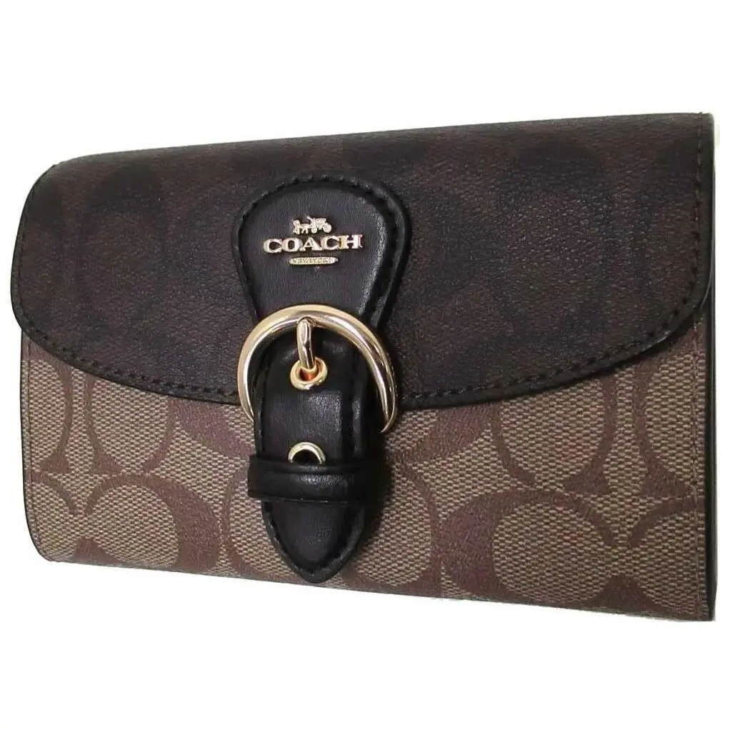 Coach Signature Kleo Khaki Brown Canvas Leather Wallet C6897