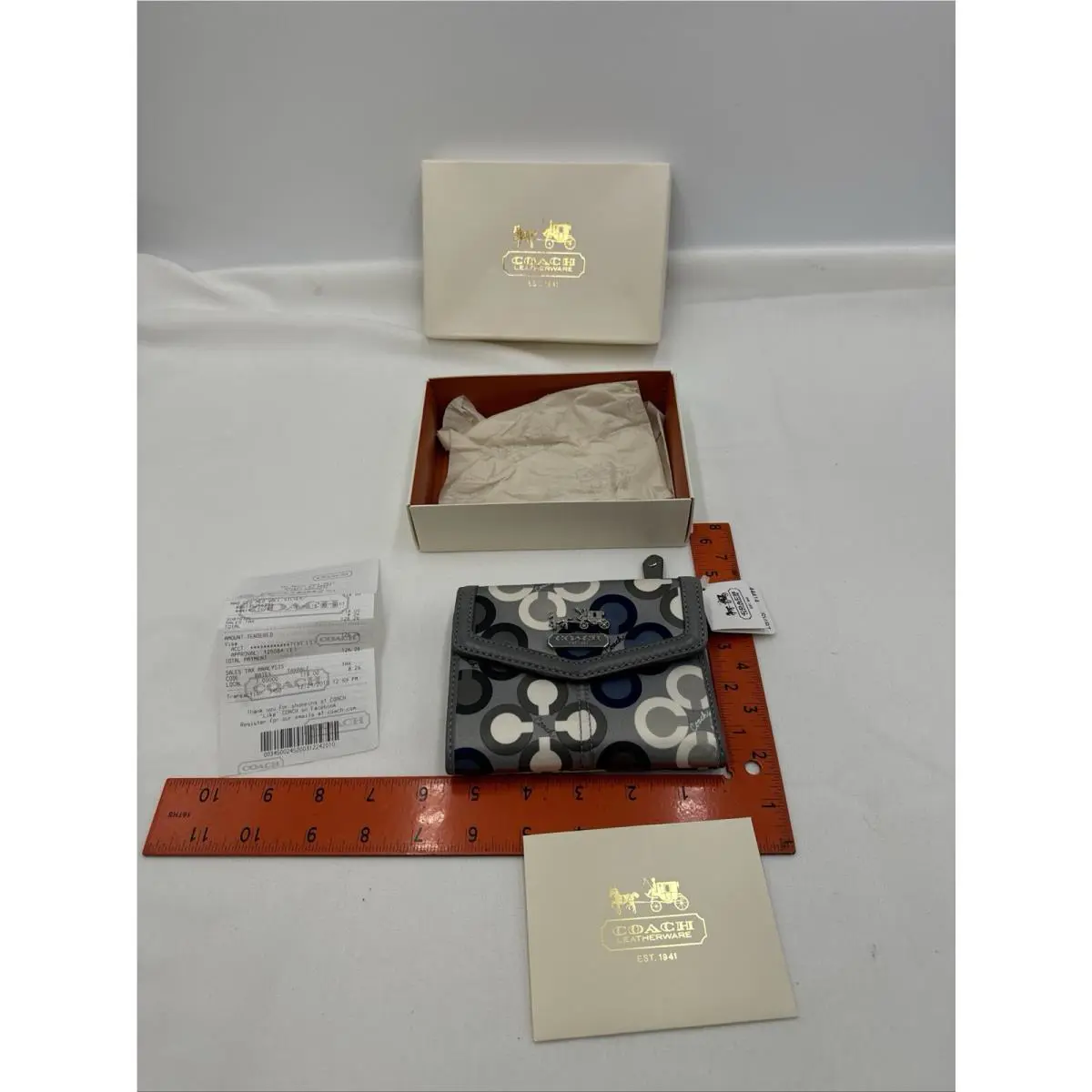 Coach Mad Optic Art Tri-fold Compact Clutch Wallet Gray Blue