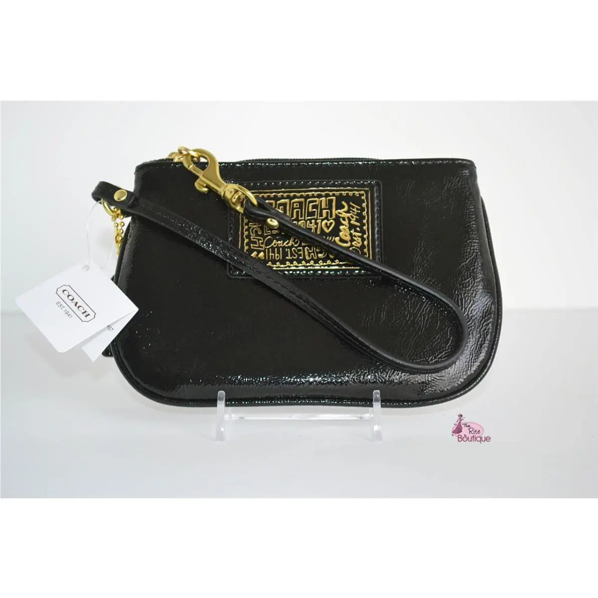 Coach Wristlet Black Patent Leather Gold Trim Clutch Makeup Bag Purse Wallet