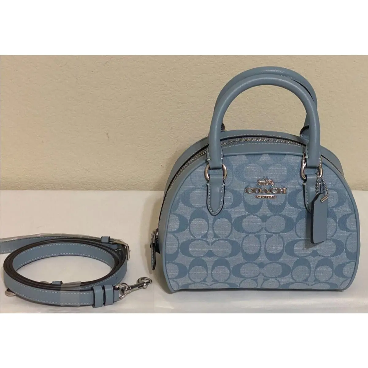 Nwt-coach Sydney Satchel Bag Signature Chambray Leather Cornflower Blue-$378.00