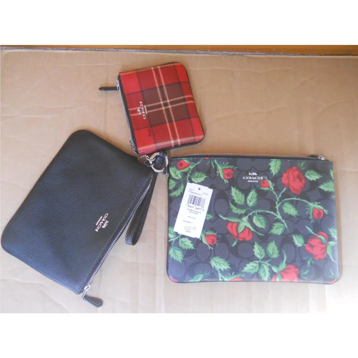 Coach Black Red Mixed Print Pouch Trio Canvas Leather CC911 Tartan Floral