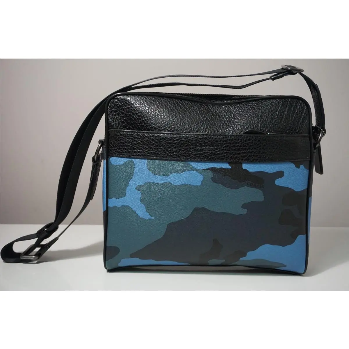 Coach Charles Camo Dusk Blue Pebble Leather Camera Crossbody Bag F29052