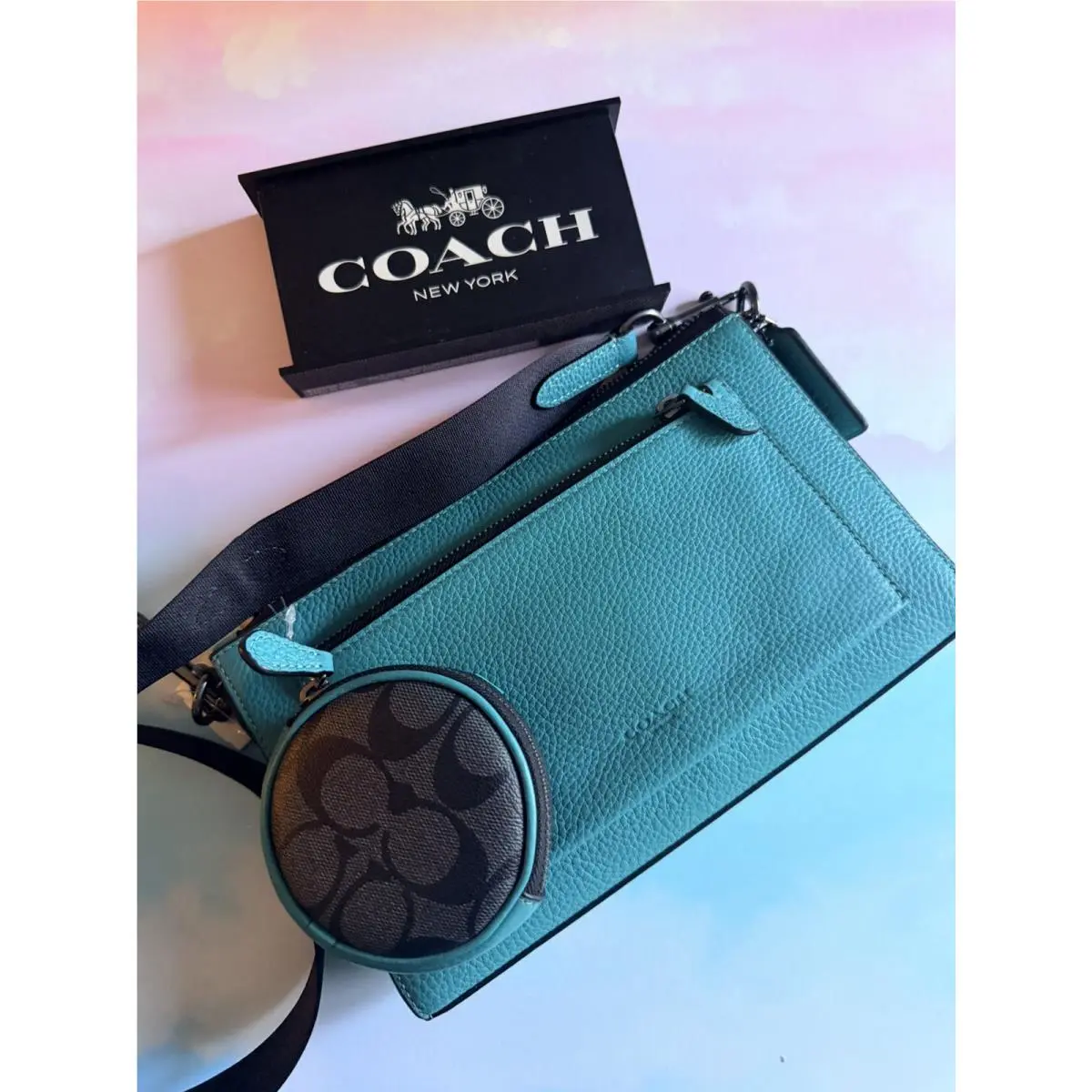 Coach CP191 Holden Colorblock Crossbody Signature Coin Pouch Bag Bright Turquois
