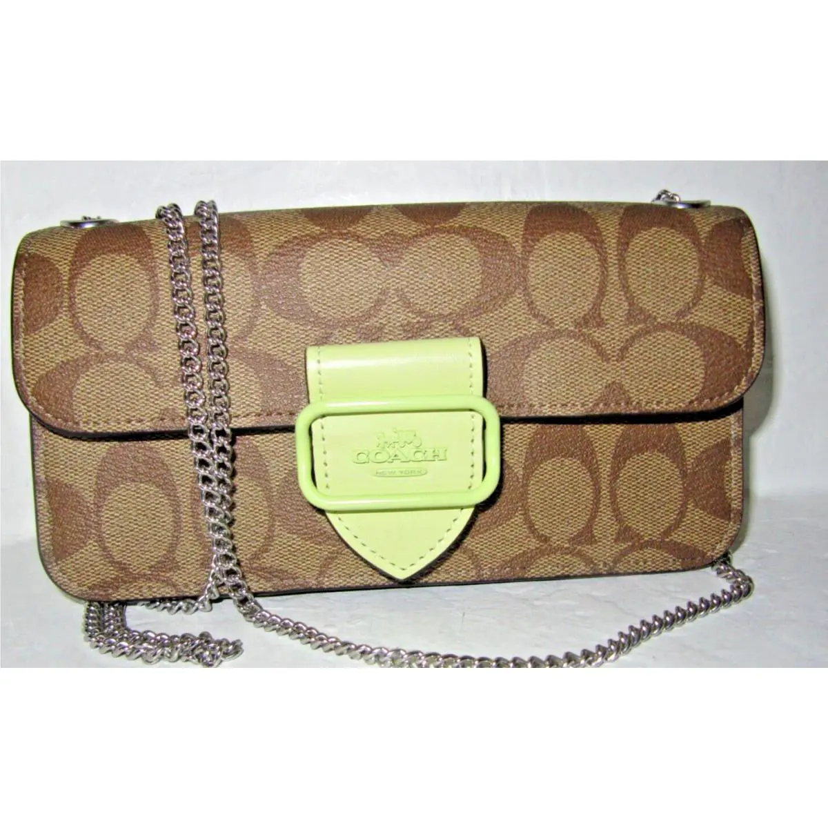 CK438 Morgan Crossbody Bag Khaki Signature Pale Lime Leather NWT$298 by Coach