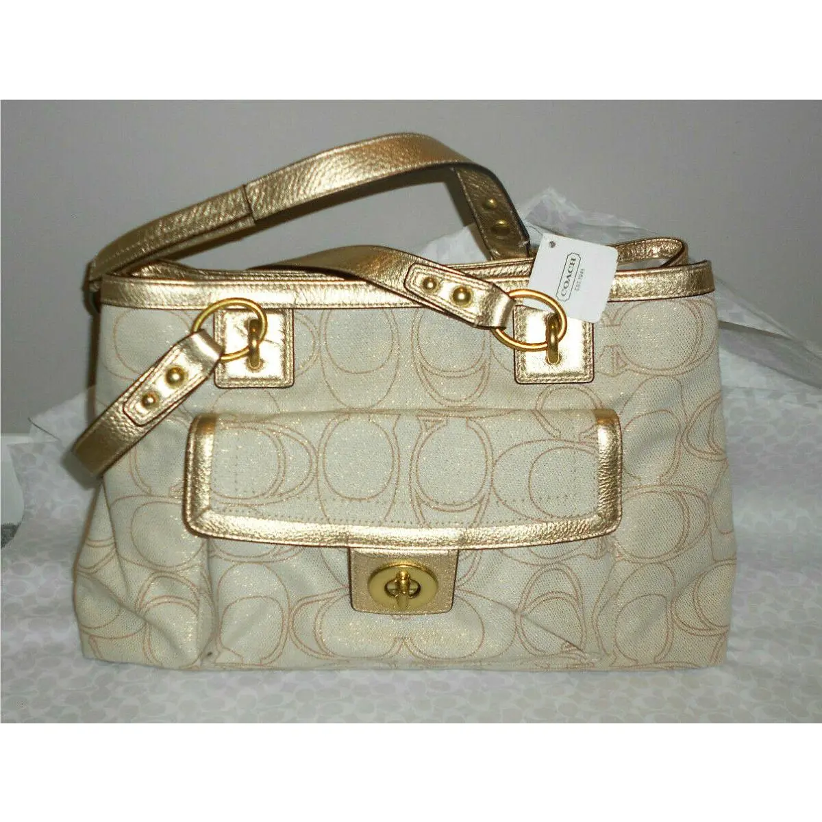 Coach 19231 Penelope Ivory Linen Signature - Gold Leather Purse