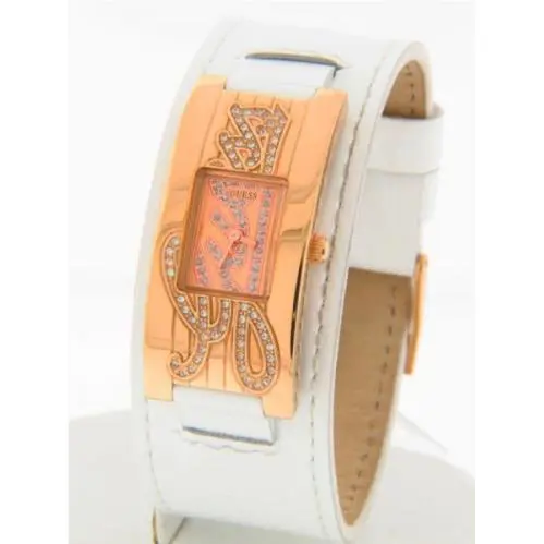 Guess Womens Watch Swarovski White Leather Rose Gold-tone Steel W/pouch W10257L1 - Gold, White