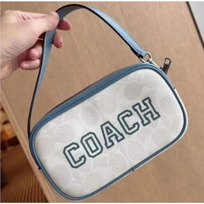 Coach Jamie Wristlet In Signature White Canvas Blue Wallet Varsity Motif