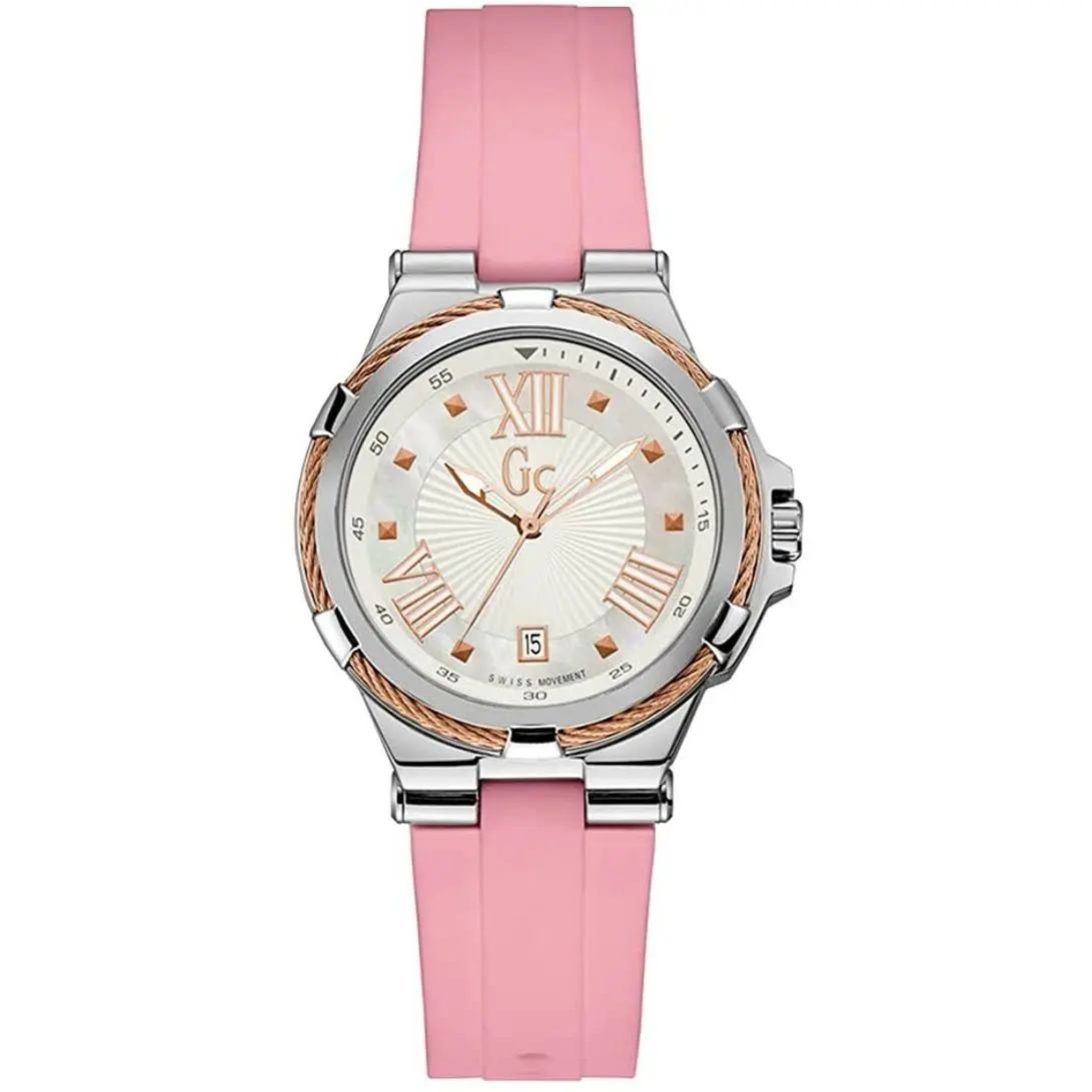 Guess Collection Silver/gold Pink Rubber Strap Sports Women`s Watch Y34004L1 - Dial: Silver, Band: Pink, Bezel: Pink, Rose Gold, Silver