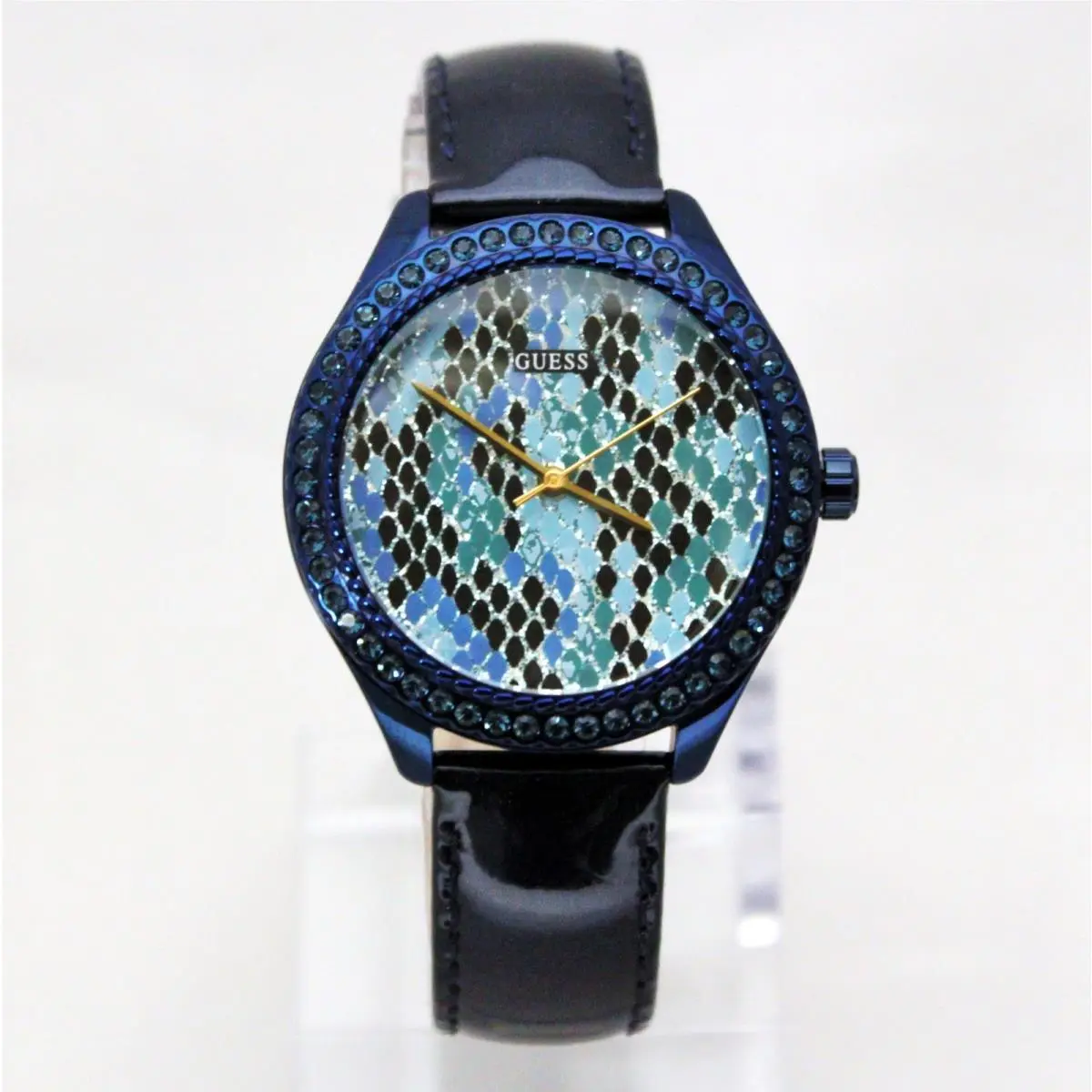 Guess W0626L3 Reptile Print Crystal Bezel Navy Blue Leather Band Women Watch
