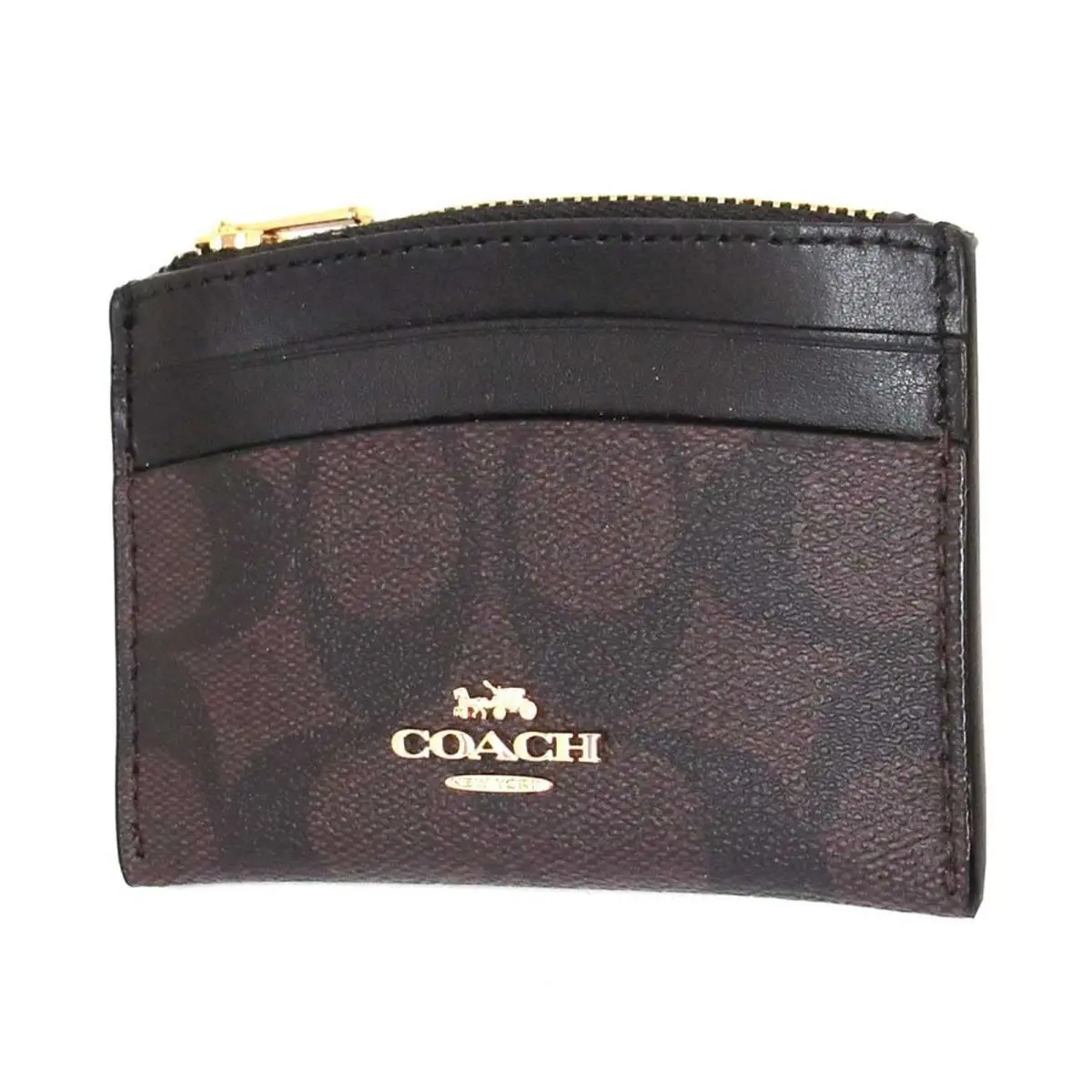 Women`s Shaped Card Case Signature Canvas Brown - Black by Coach