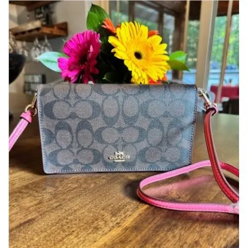 Coach Anna Foldover Clutch Crossbody In Signature Canvas Brown / Watermelon 3036