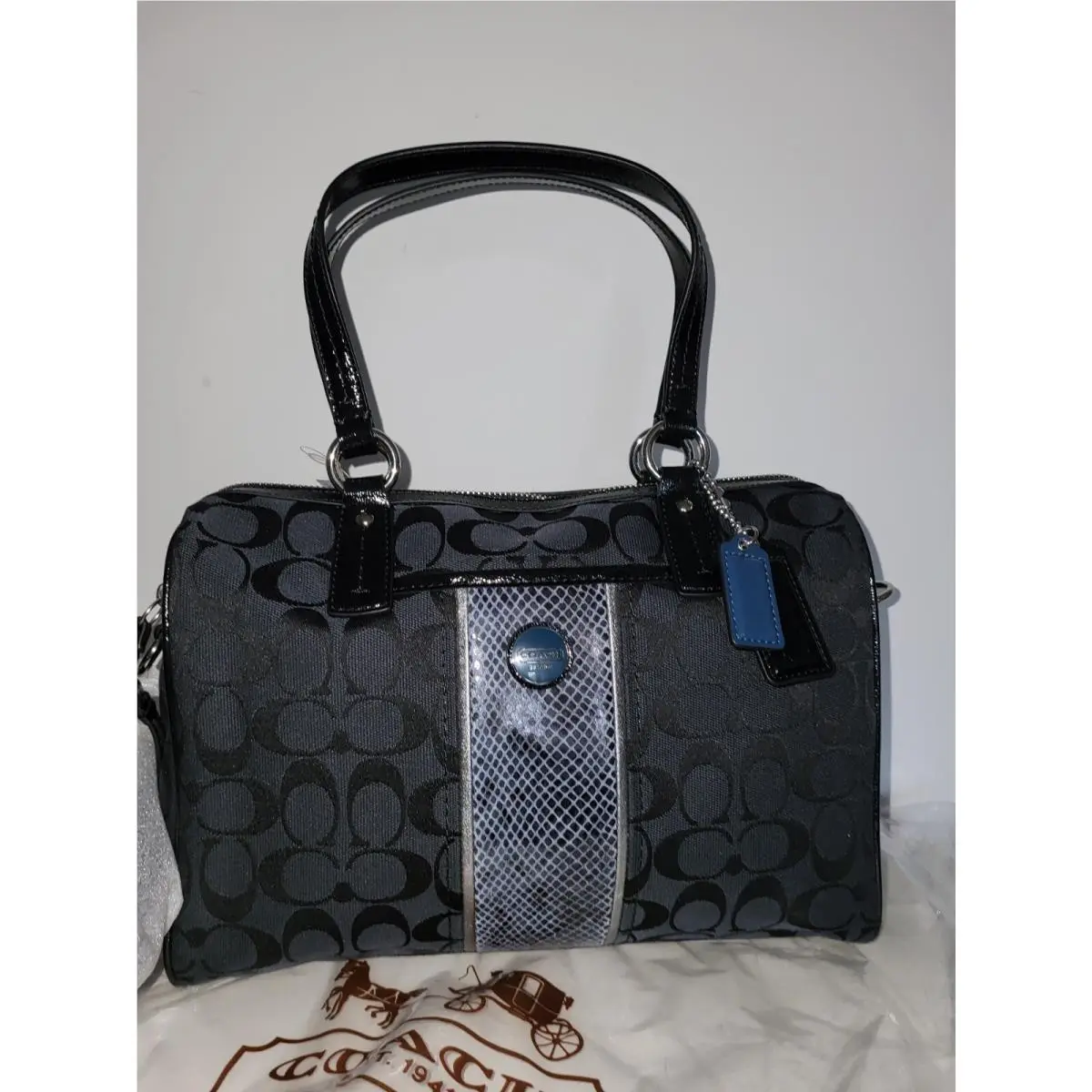 Coach F24884 Black Signature Jacquard Python Stripe Medium Satchel Shoulder Bag