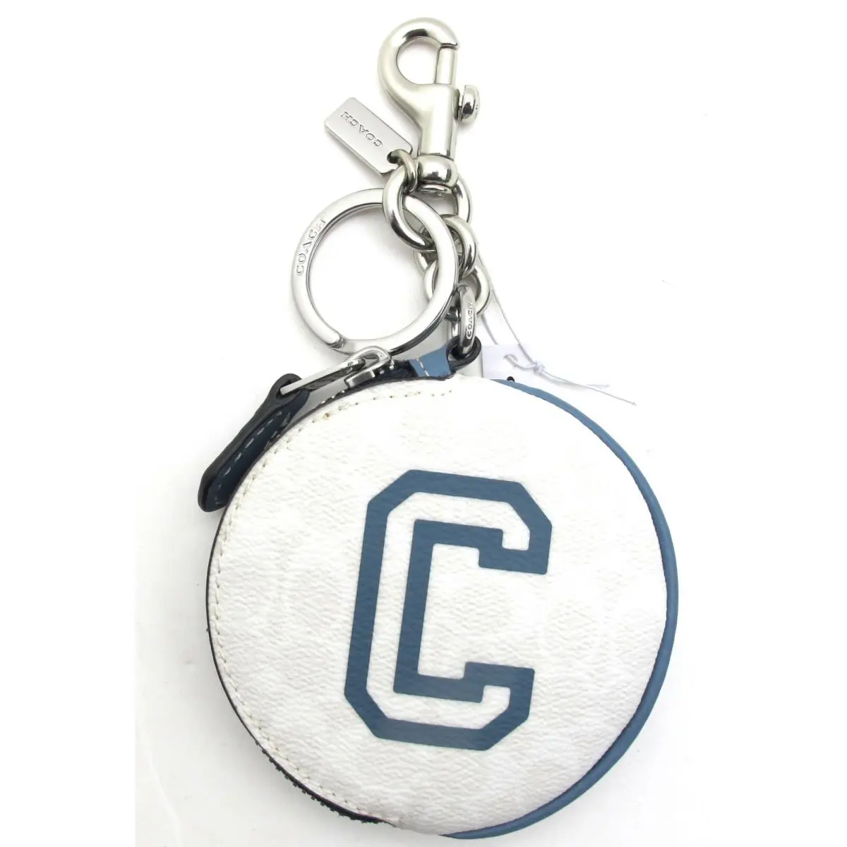 Coach Varsity Circular Signature Canvas Coin Purse Keychain White Indigoblue