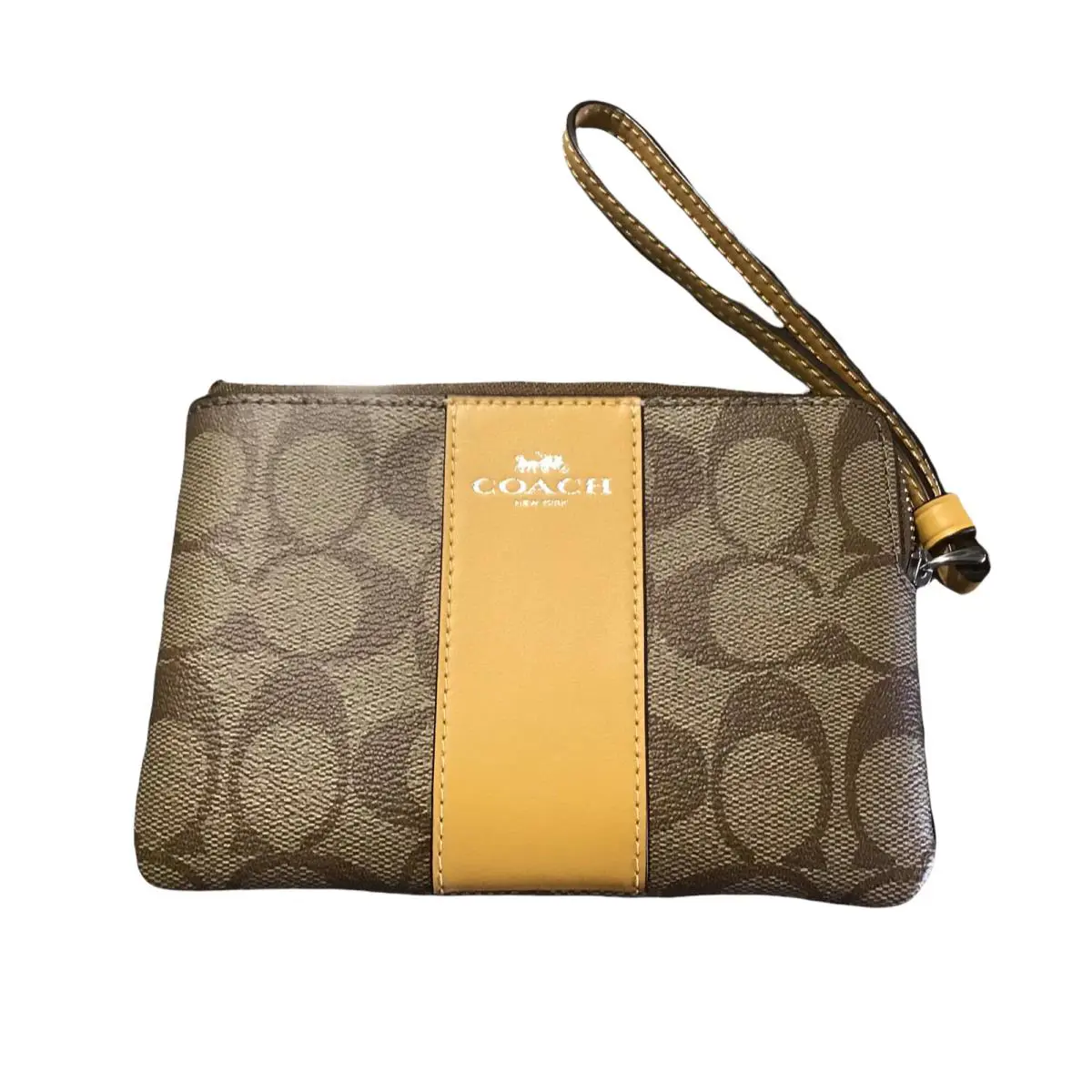 Coach Signature Pvc Leather Corner Zipper Wristlet- Khaki Honeycomb l - Lining: Honeycomb, Exterior: Khaki