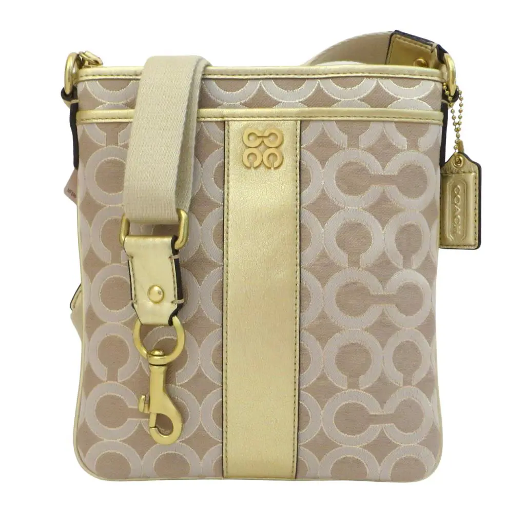 Coach Khaki Gold Signature Leather Crossbody Swingpack Purse Pink Int