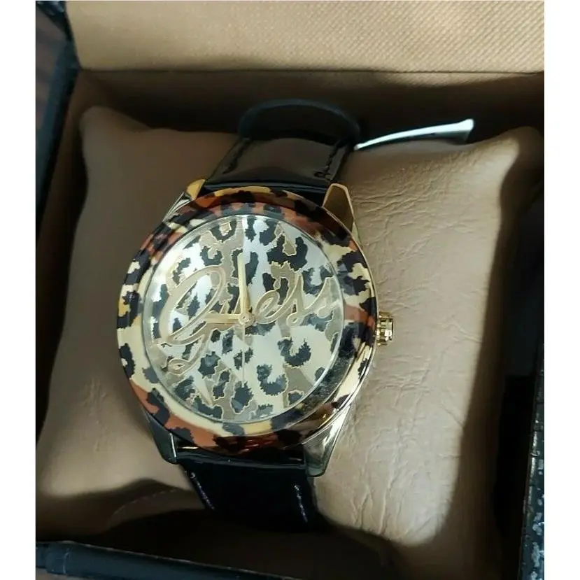 Women`s U0455L2 Iconic Black Patent Watch with Gold-tone Animal Print by Guess
