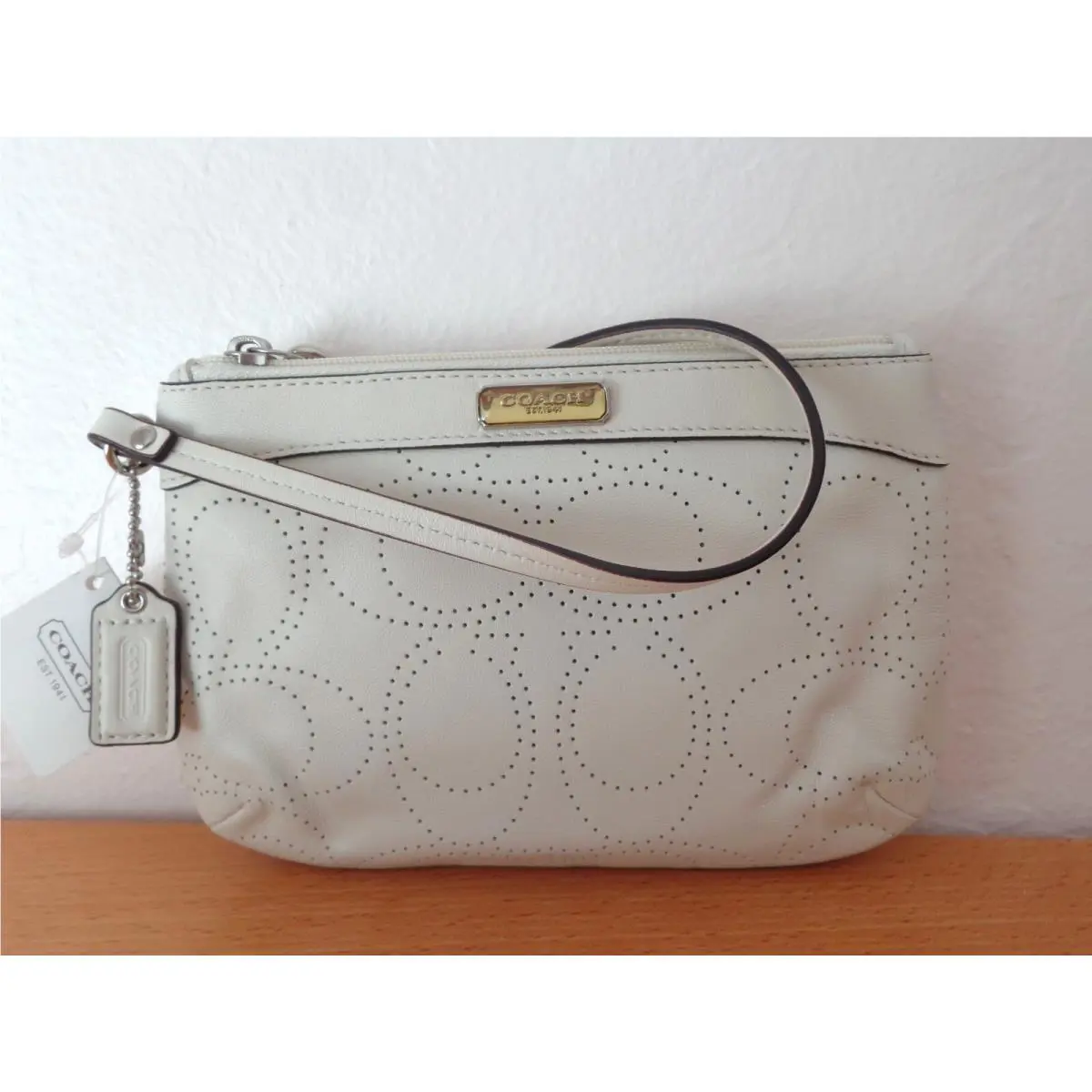 Coach F47330 Signature C Perforated Leather Medium Wristlet White