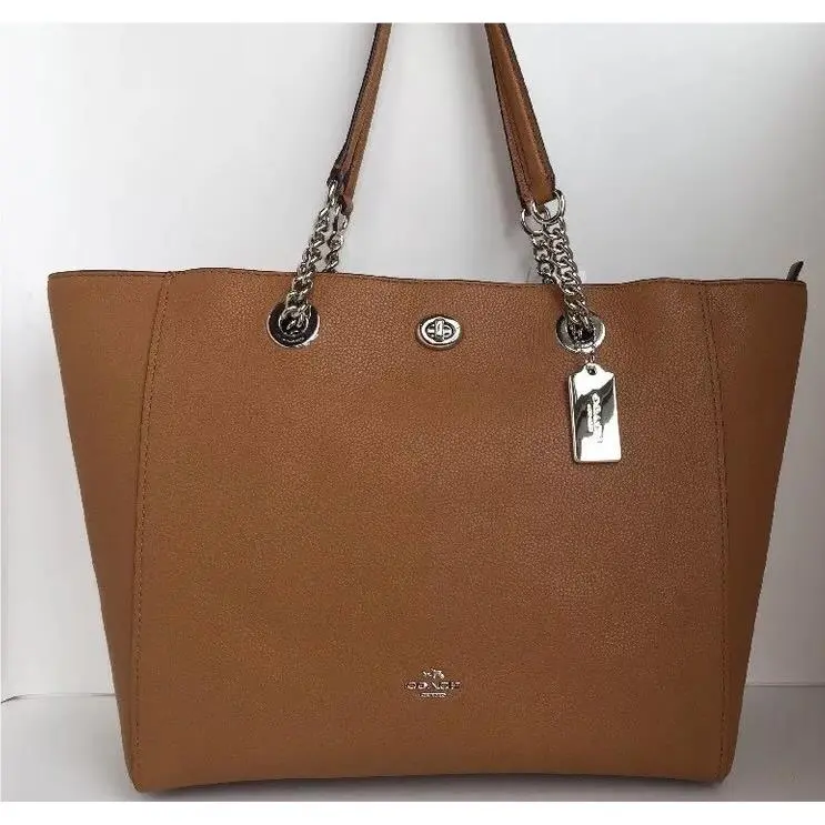 Coach 56830 Turn Lock Chain Tote 27 Polished Pebble Leather Silver/light Saddle