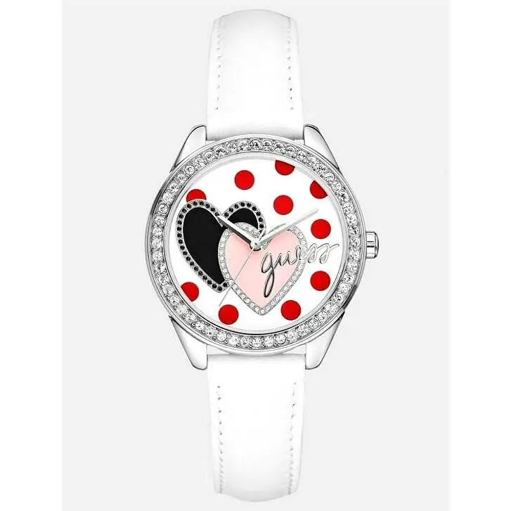 Guess Silver Crystals White Leather Band Heart Red Polka Dot WATCH-U75046L1