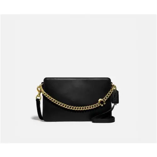 Coach Women Signature Chain Brass/black Leather Crossbody/shoulder Bag 78801