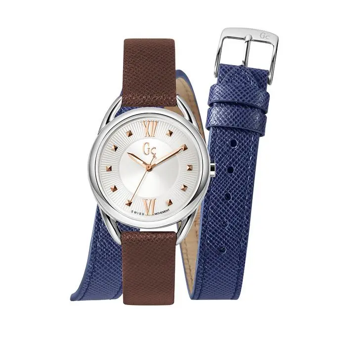 GC Silver 2 PC Brown+blue Leather Band Gold Accent Watch Y13001L1 by Guess