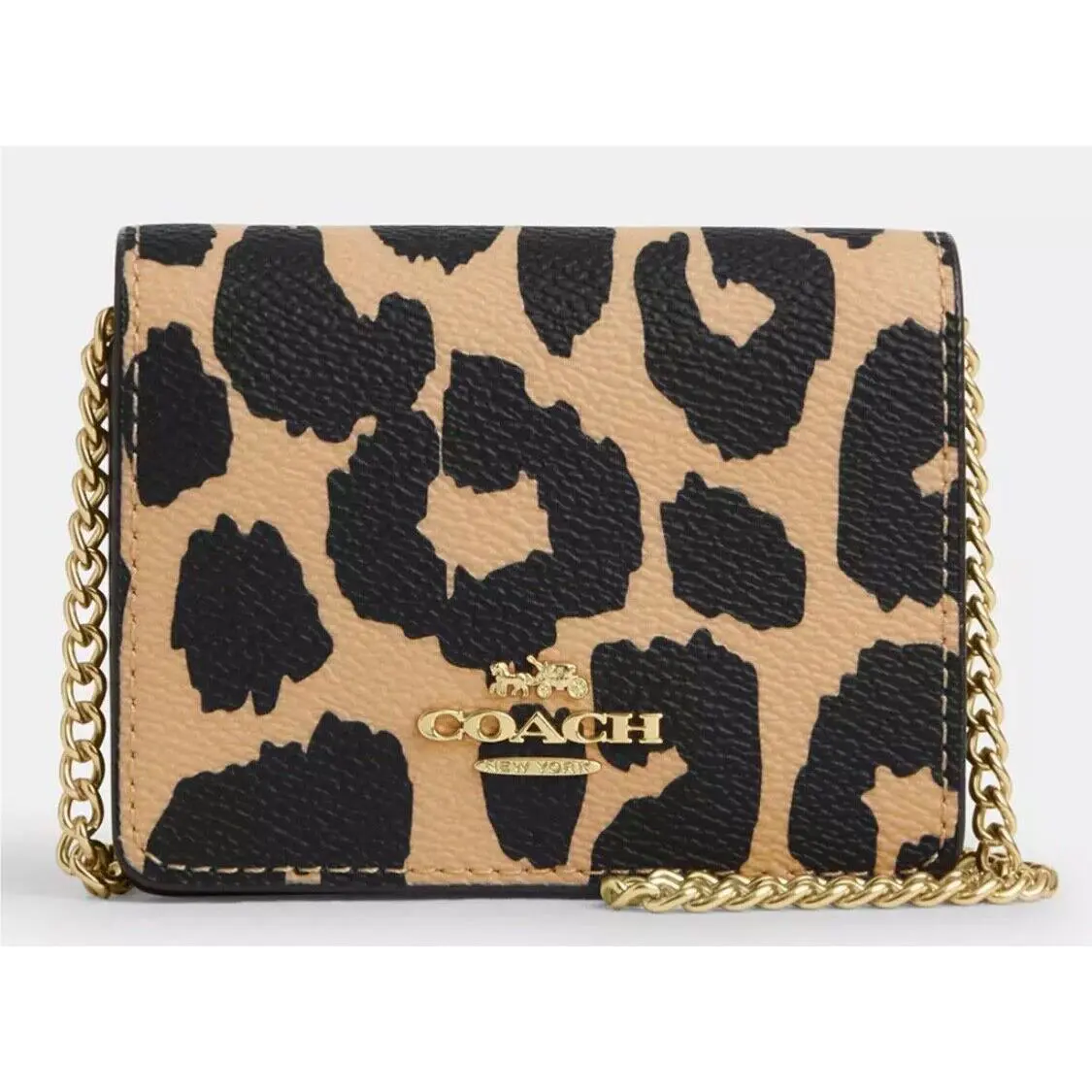 Coach Mini Wallet Purse On A Chain with Leopard Animal Print Gold Cha