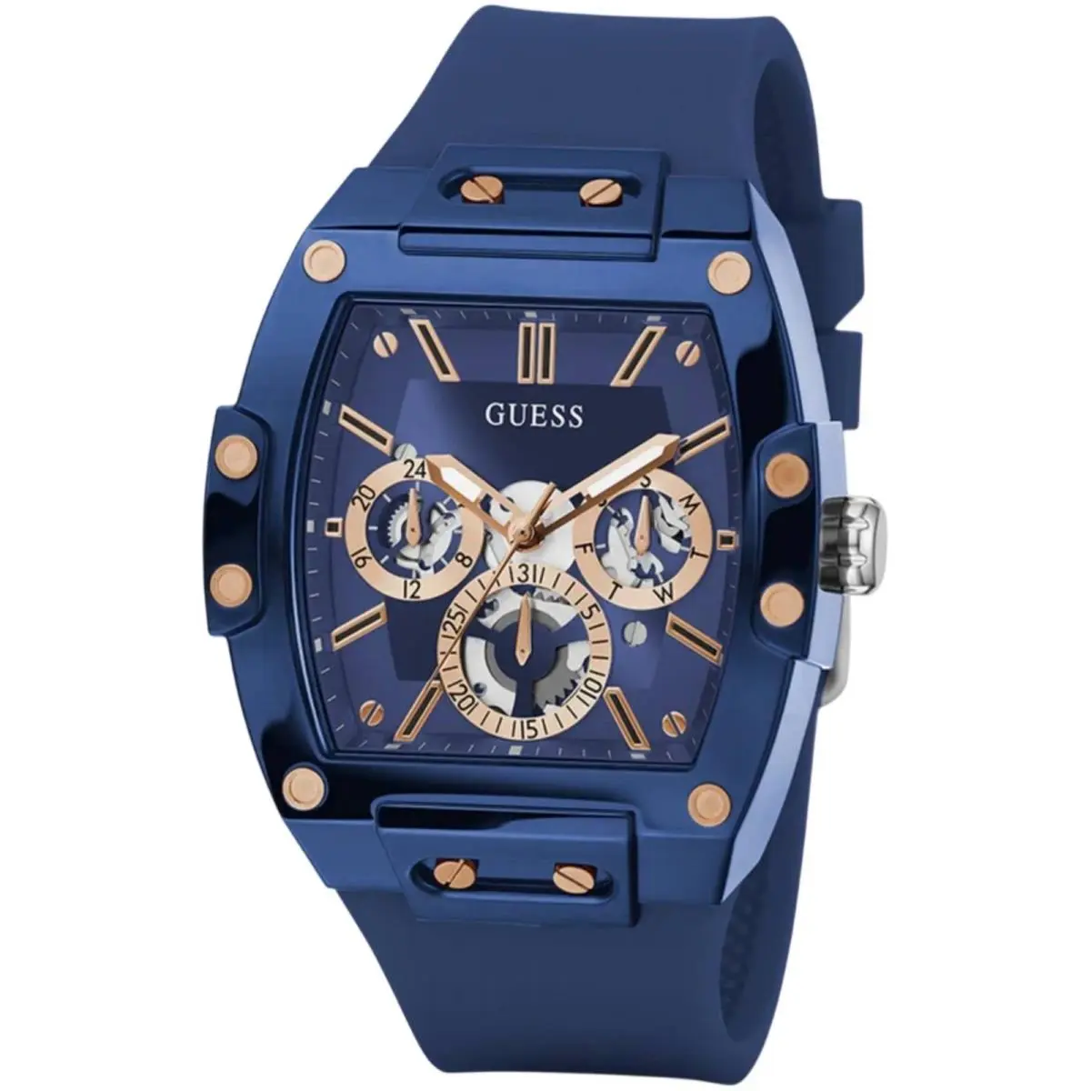 Guess Men`s Watch Quartz Blue and Rose Gold Dial Silicone Rubber Strap GW0203G7