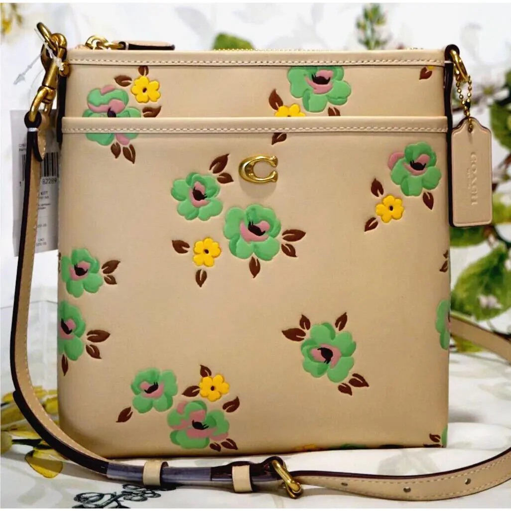 Kitt Floral Print Messenger Crossbody Bag Ivory Multi Canvas Leather by Coach
