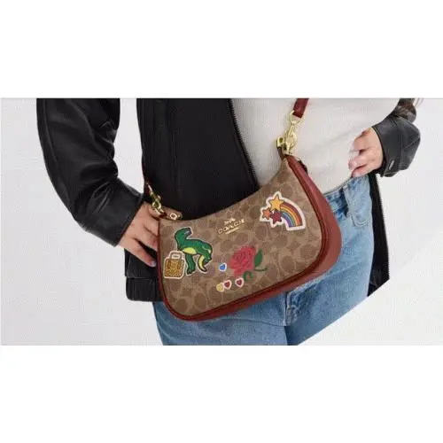 Coach Teri Mini Crossbody Bag In Signature Canvas with Sticker Leather Trap
