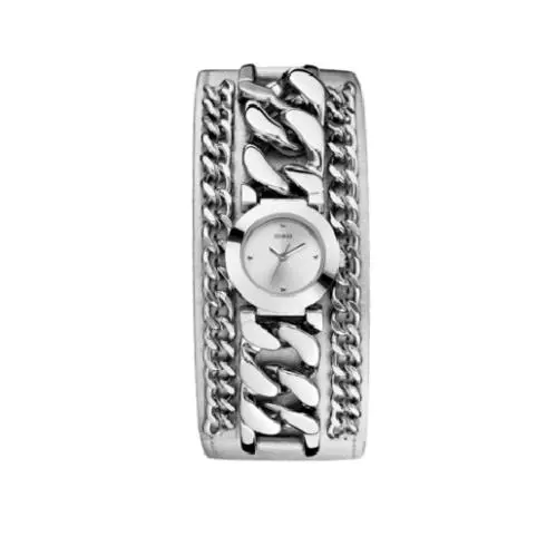 Guess Metallic Silver Leather Cuff+chain Link Silver Tone WATCH-U12643L1