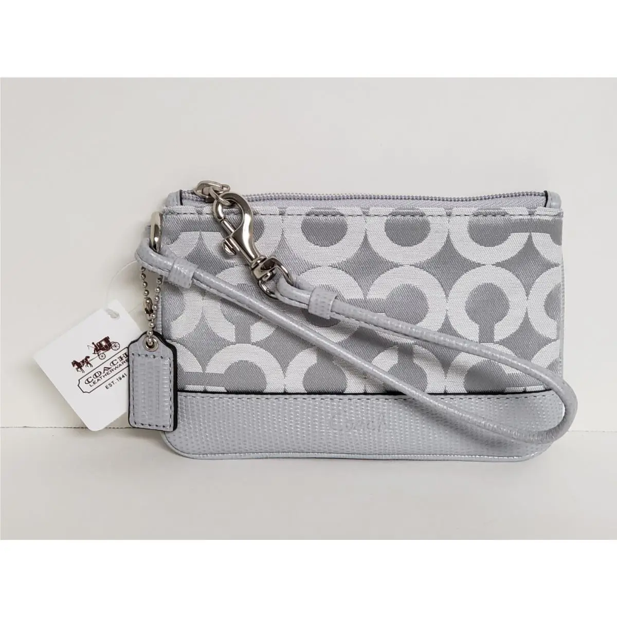 Coach Kristin OP Art Fog Light Gray Sateen Wristlet In Package 45085