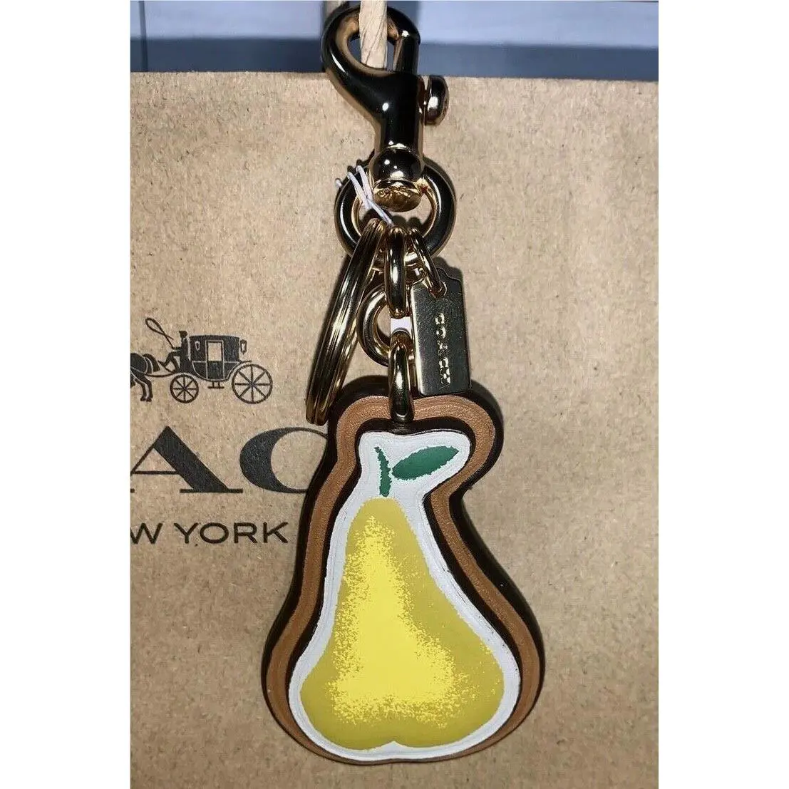 Coach Pear Key Ring Bag Charm Signature Canvas and Leather C8249