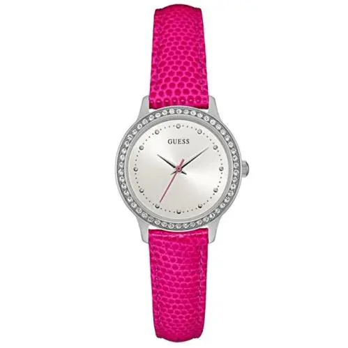 Guess Chelsea Crystal Silver Dial Pink Leather Strap Women Watch W0648L15