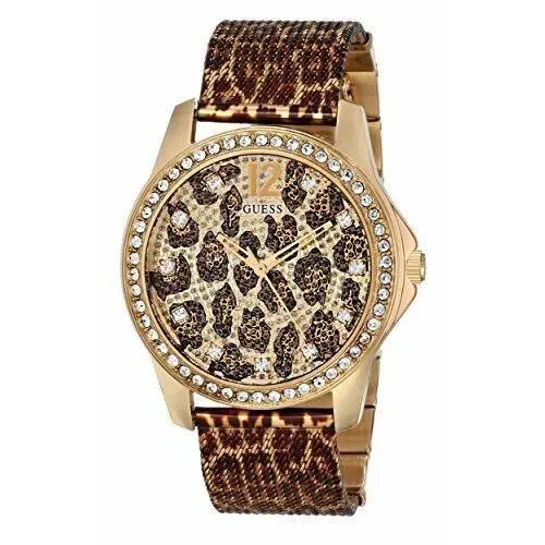 Women`s Animal Print Mesh Bracelet Crystal Gold Tone Gemmed Watch U0333L1 by Guess