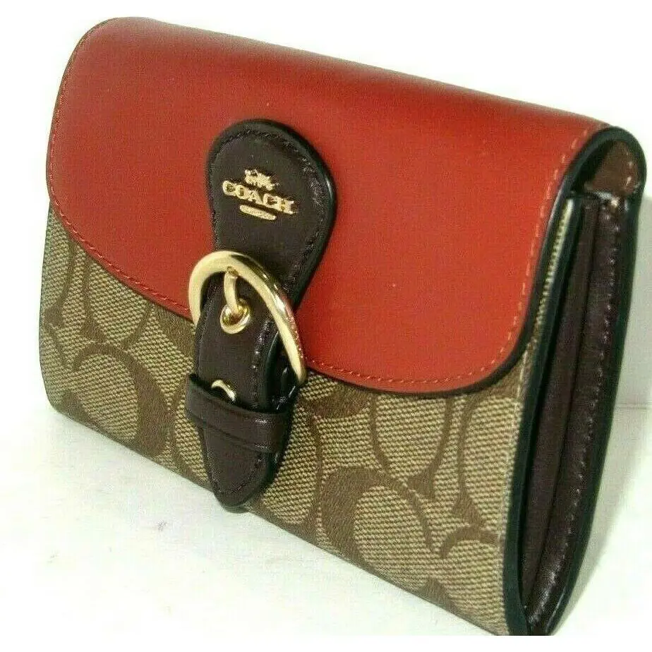 Coach C7374 Kleo Wallet Signature Mix Khaki Brown Burnt Sienna NWT$250