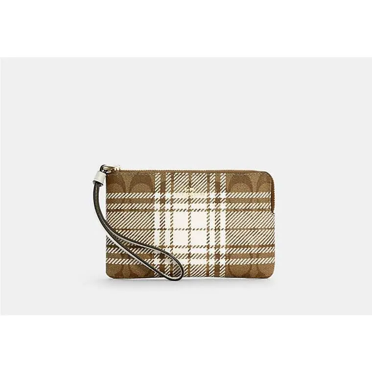 Corner Zip Wristlet Signature Plaid Khaki Chalk C6010 by Coach