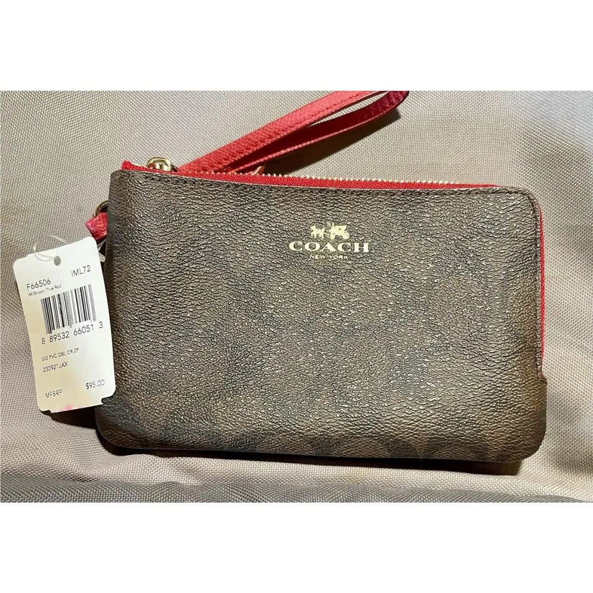 Long Zip Around Wallet in Signature Canvas Walnut and Bold Red by Coach