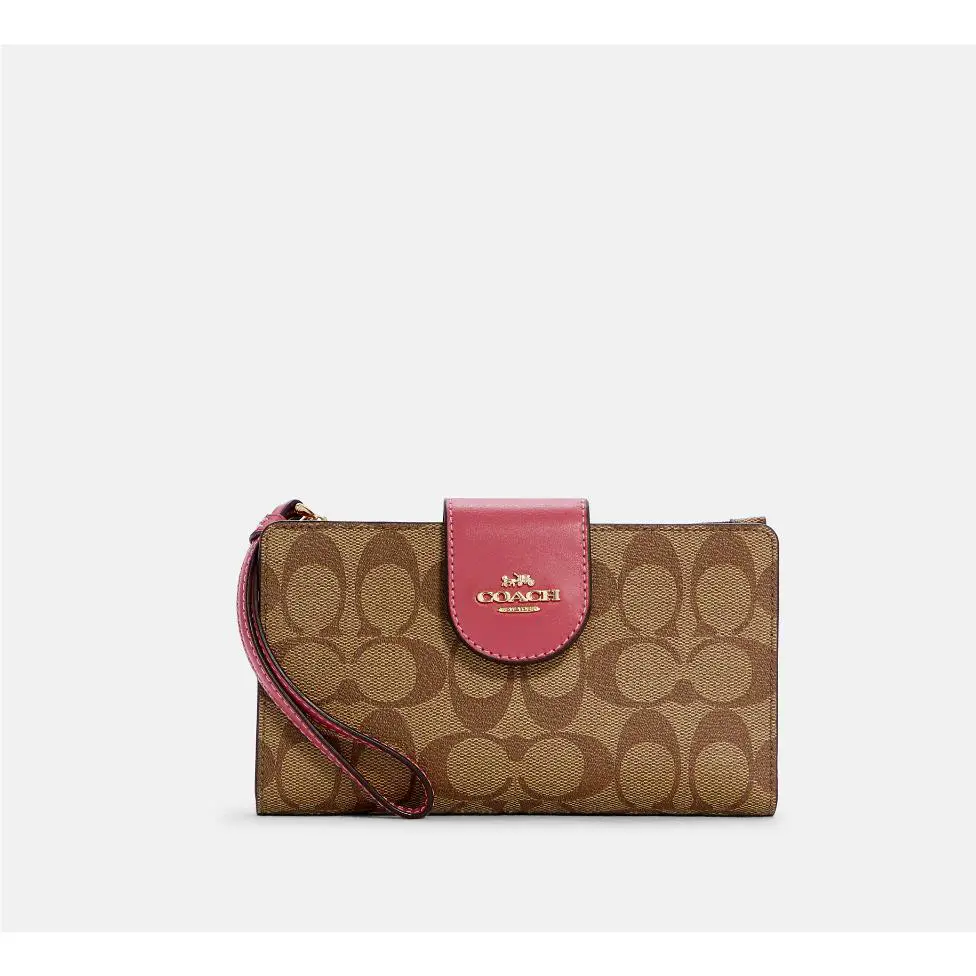 Coach Gold/khaki/strawberry Signature Coated Canvas Tech Phone Wallet C2874
