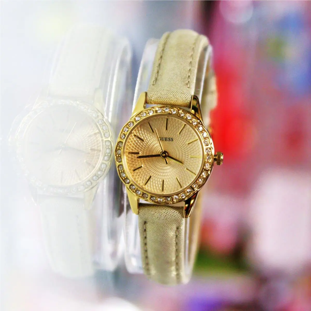 Guess W0582L1 Mini Golden Rhinestones Dial Leather Band Women Watch