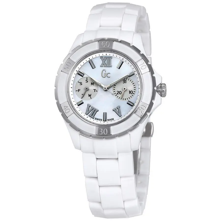 GC Guess Collection Xl-s Silver+white Tone Ceramic Mop Swiss Watch X69001L1S