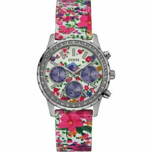 Women`s Floral Pattern Multifunction Gemmed Watch Nylon Pink Strap W0903L1 by Guess