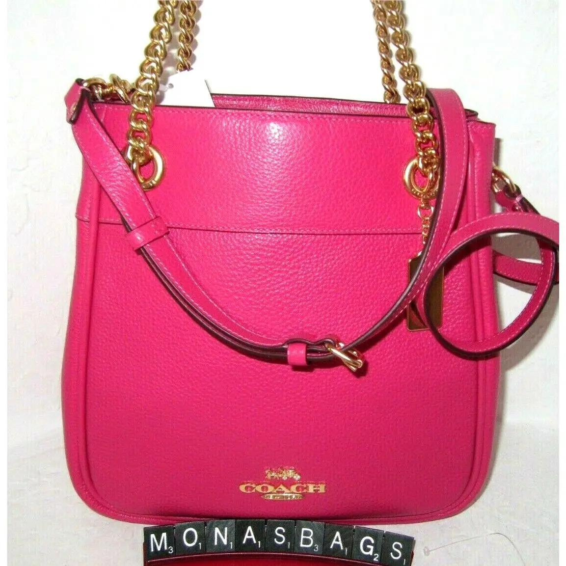 Coach C8315 Cammie Chain Bucket Handbag Pebble Leather Bold Pink