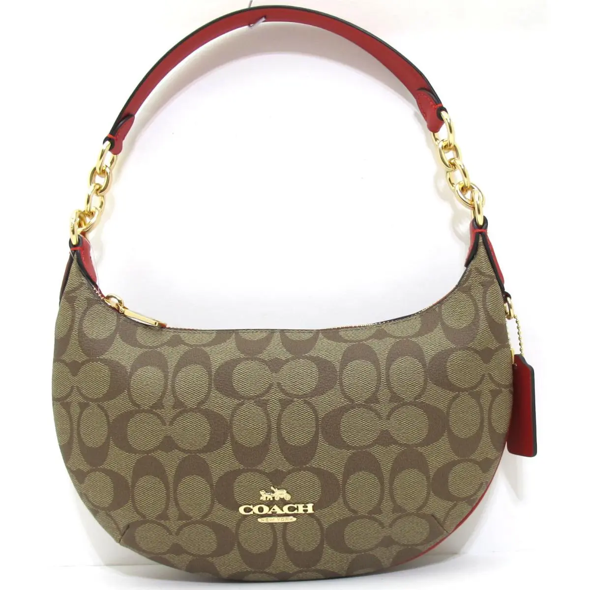 Coach Pvc Signature/leather Payton Shoulder Bag Khaki/electric Red