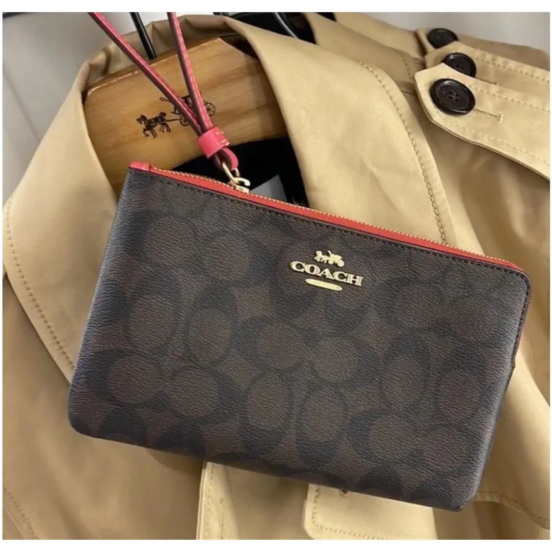 Coach Large Corner Zip Wristlet In Signature Canvas Brown/watermelon