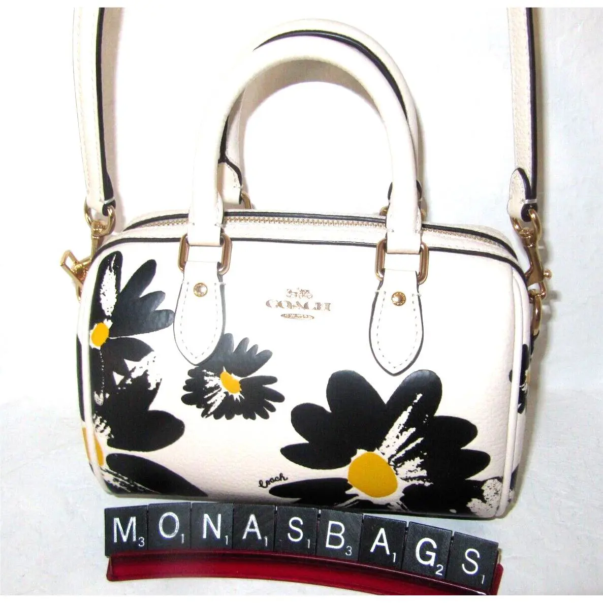 Coach CZ597 Mini Rowan Satchel Crossbody Chalk Leather Black Flowers NWT$378