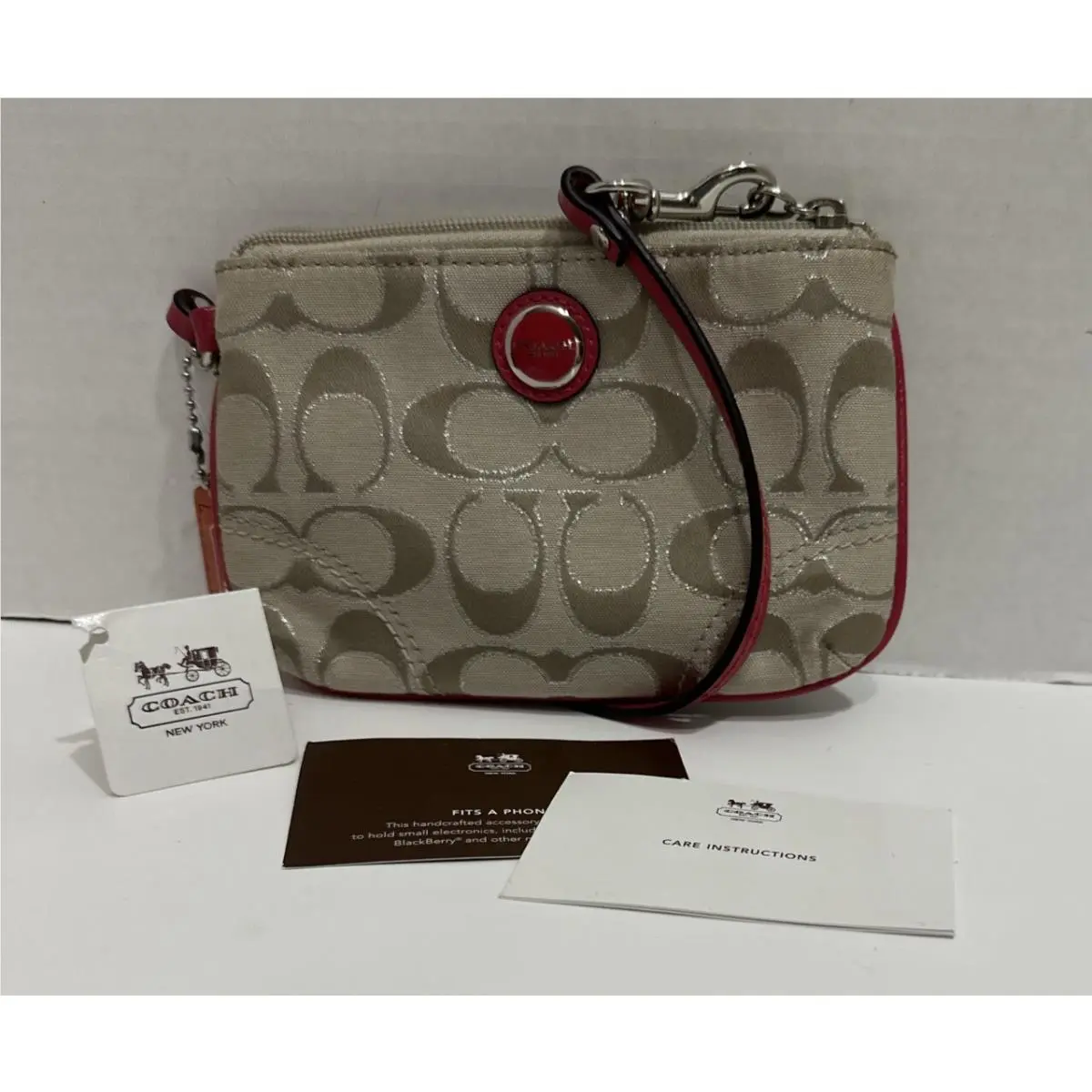 Coach Corner Zip Beige Canvas Pink Leather Phone Wallet Wristlet