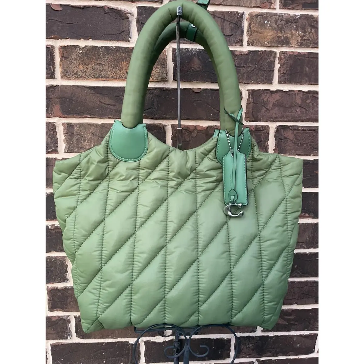 Coach Iris Nylon Smooth Leather Large Tote Green Laptop Travel