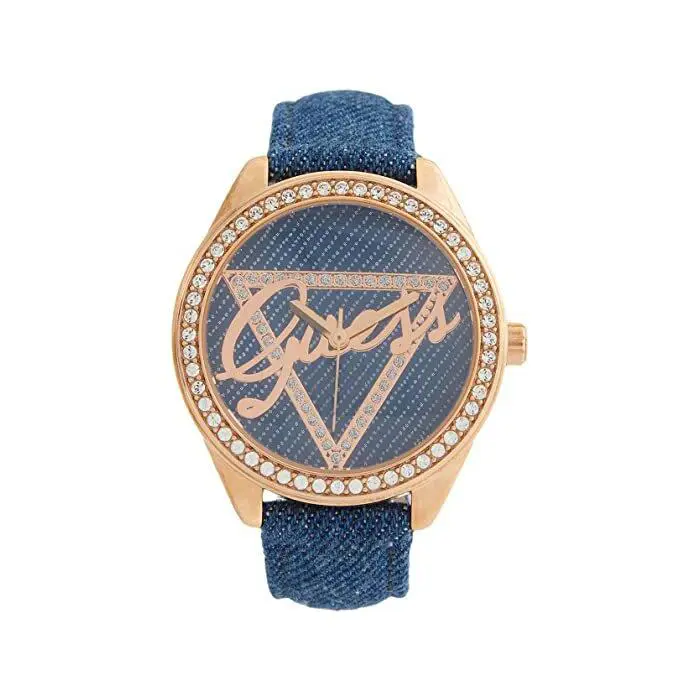 Guess Rose Gold Tone Dark Blue Denim Band Crystals Bezel Logo Watch W0456L6 - Dial: Blue, Rose Gold, Band: BROWN COLOR BACKING, Blue