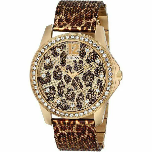 Gold Tone Watch Animal Print Leopard Women`s Crystal Accented W0333L1 by Guess
